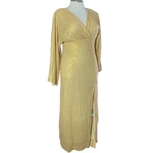 Momyknows Maternity Gold Sequin Maxi‎ Dress Long Bell Sleeve V-Neck Size L